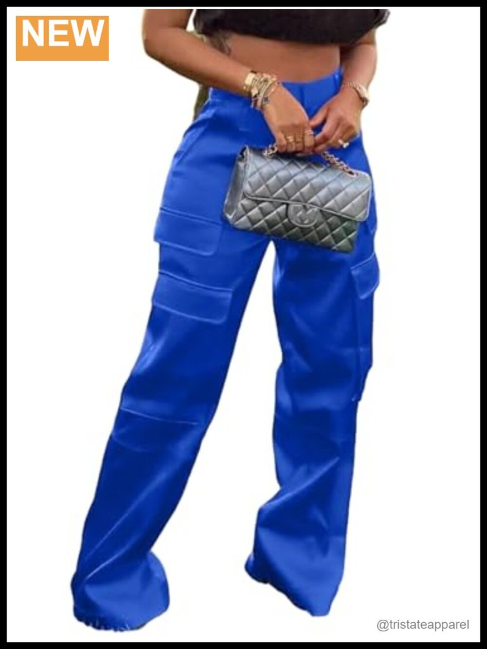 Satin Cargo Pants High Waist Wide Leg Trousers Multiple Pockets